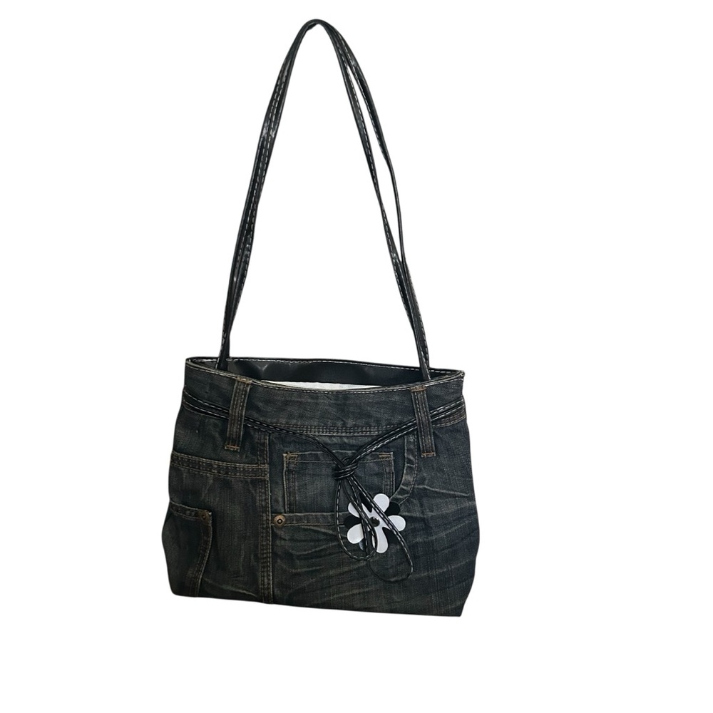 Denim Shoulder Bag with flower accent